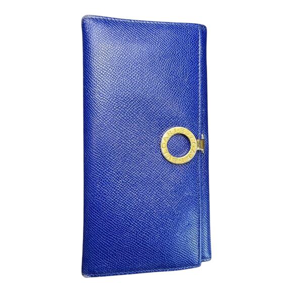 BVLGARI Long Wallet Logo Clip Bi-Fold Royal Blue Leather Light Pink Lining - Picture 14 of 16